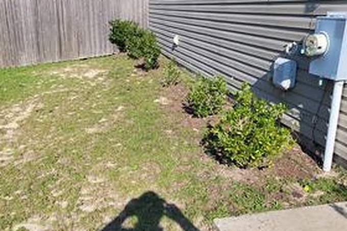 Bare, unedged planting bed running along the side of a grey vinyl-sided house