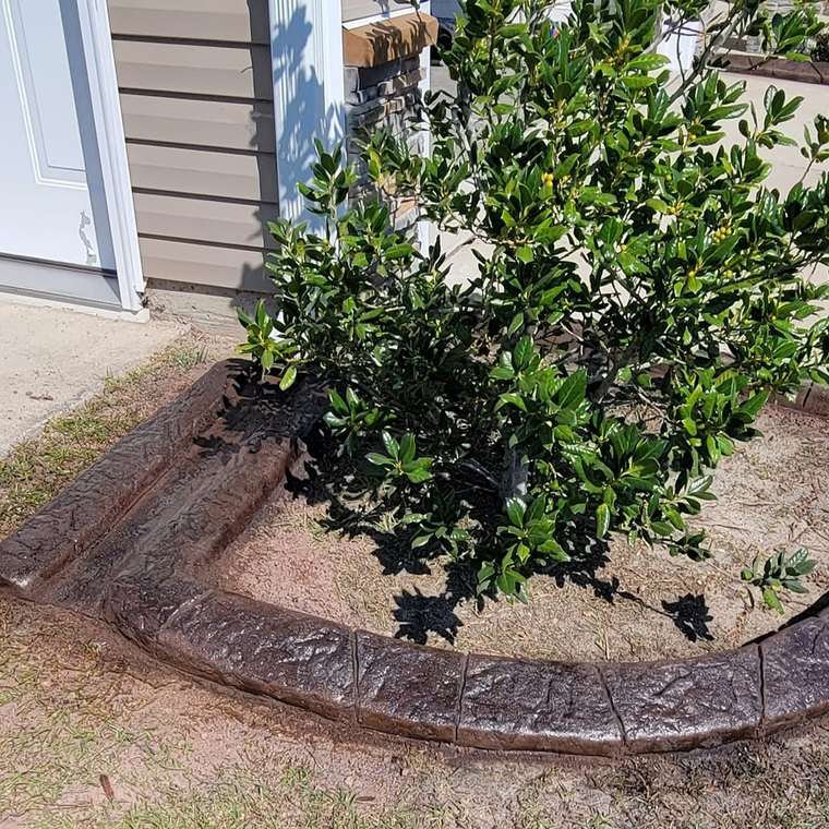 Glossy sealed stamped concrete curb wrapping a shrub at the corner of a house