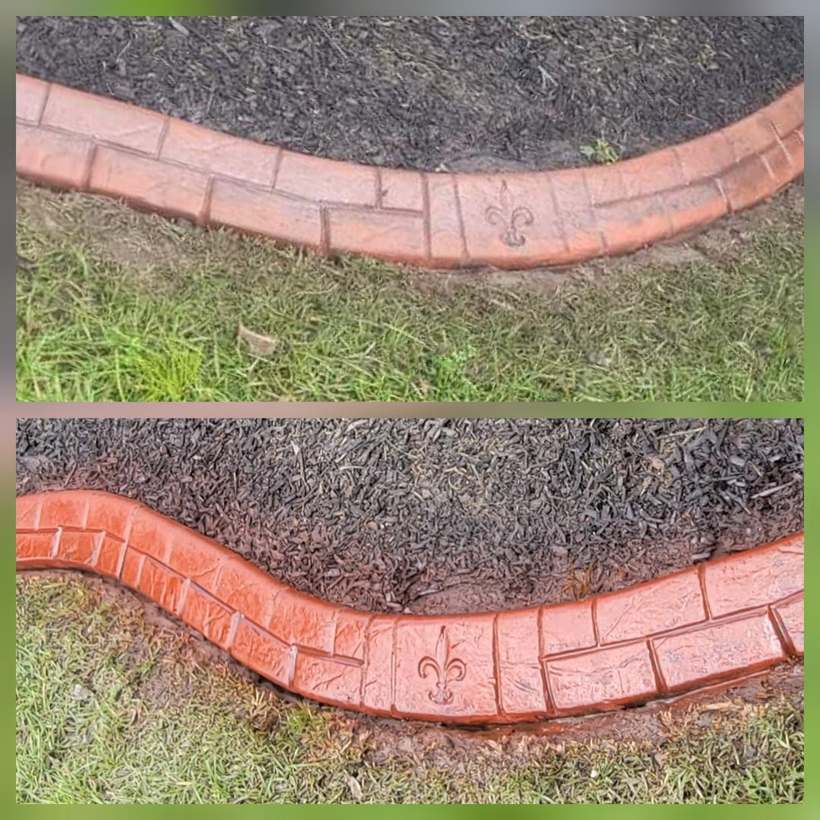 Two views of a red brick-stamped concrete curb, faded before the reseal and a vivid red after it